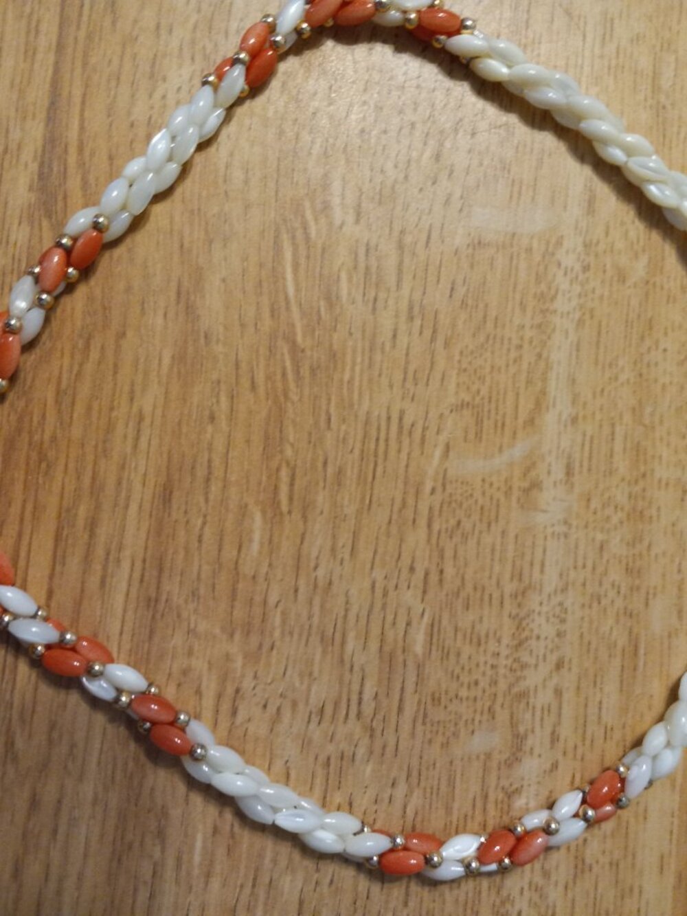 Vintage GENUINE MOP & GENUINE  Coral Gold Tone 3 Twisted Strand Bead Necklace